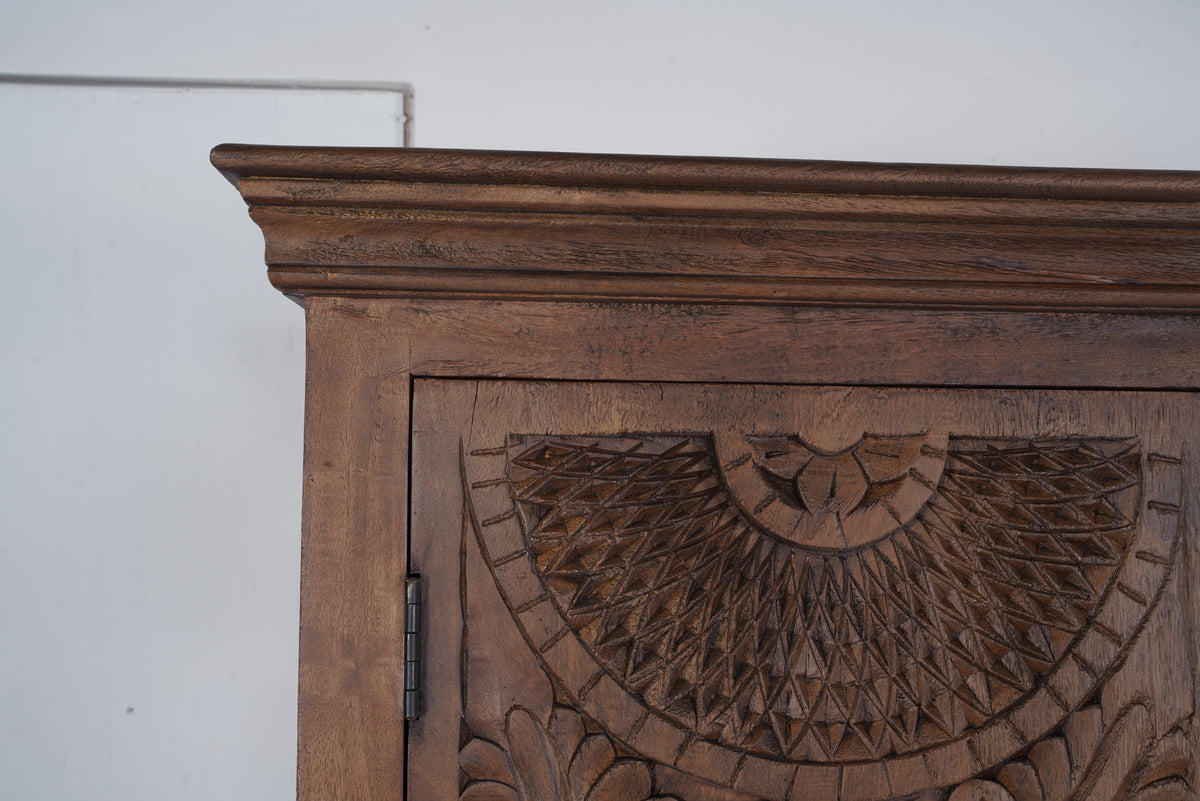 Hand-carved solid mango wood armoire, carved door detail