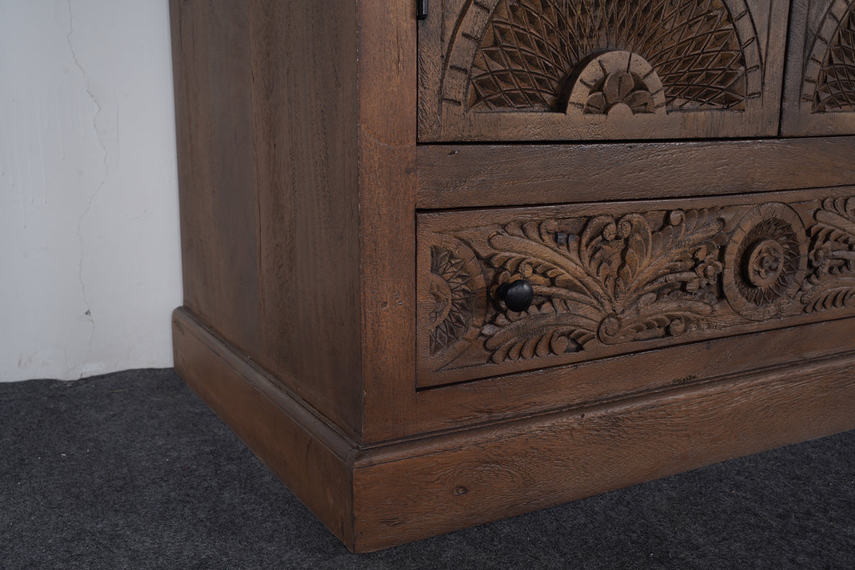 Hand-carved solid mango wood armoire, carved door detail