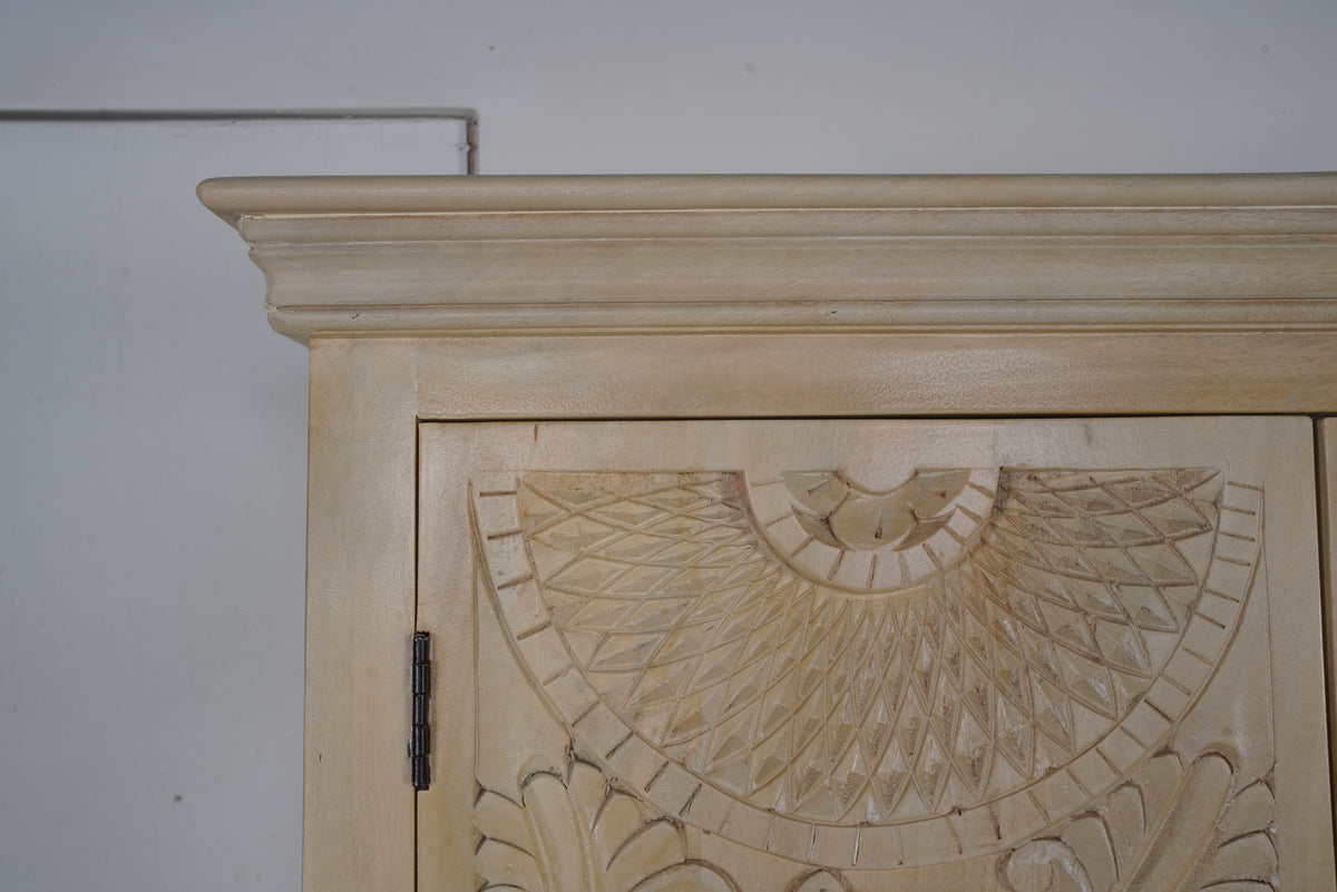 Hand-carved solid mango wood armoire, carved detail