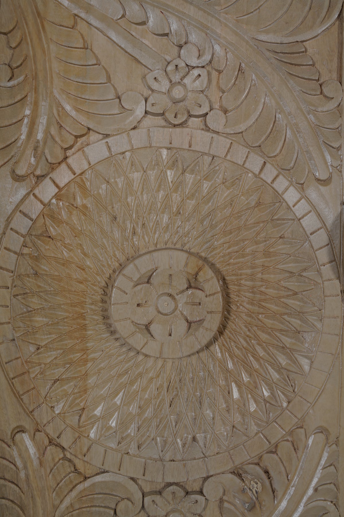 Hand-carved solid mango wood armoire, carved detail