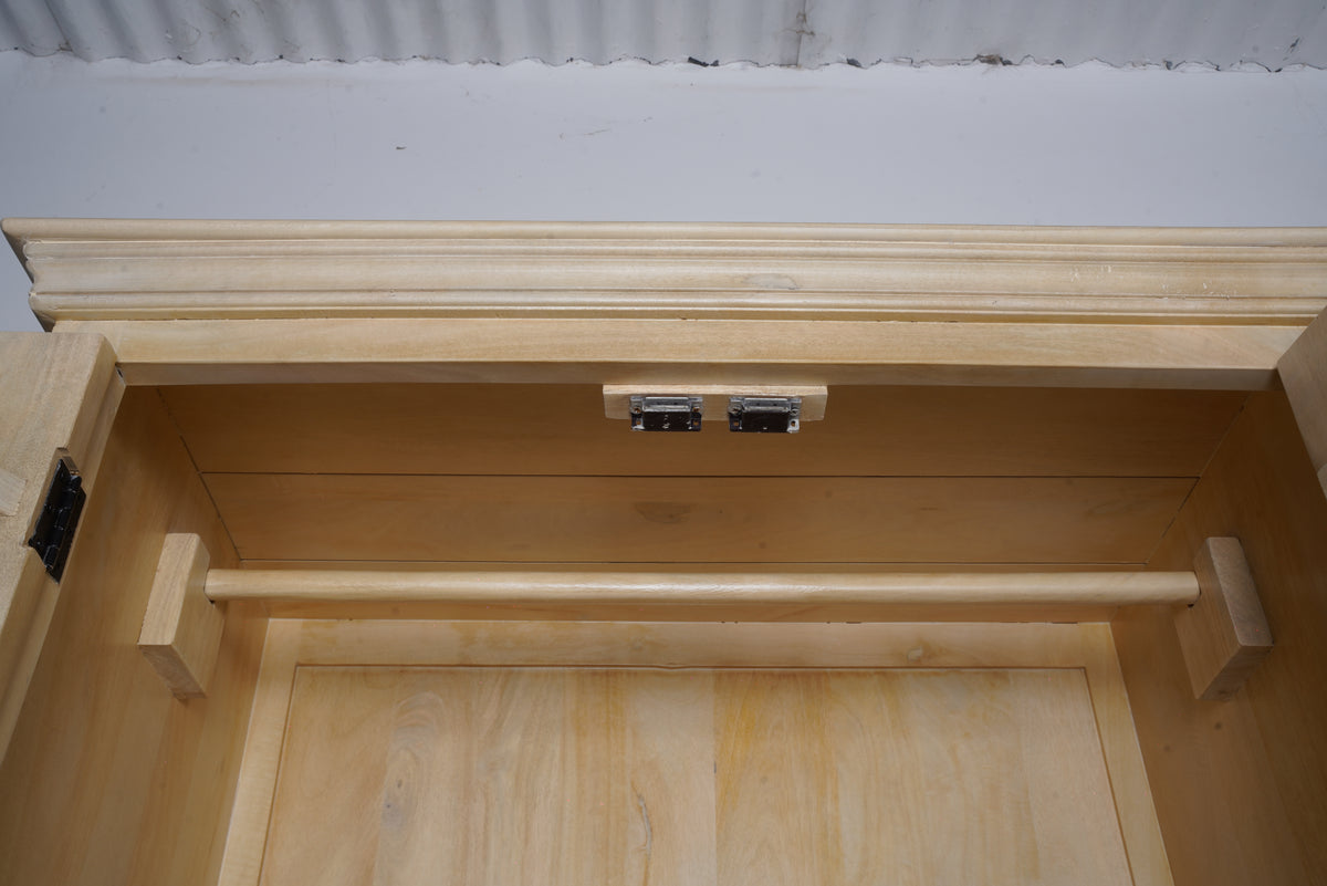 Birch armoire interior, hanging rod and molded cornice in natural beige mango wood