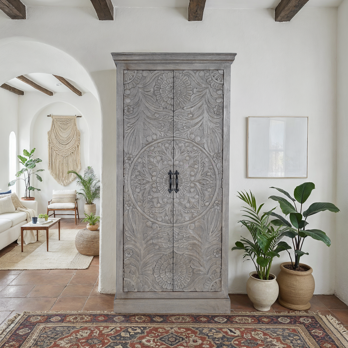 Maadze Vintage Grey Carved Wardrobe