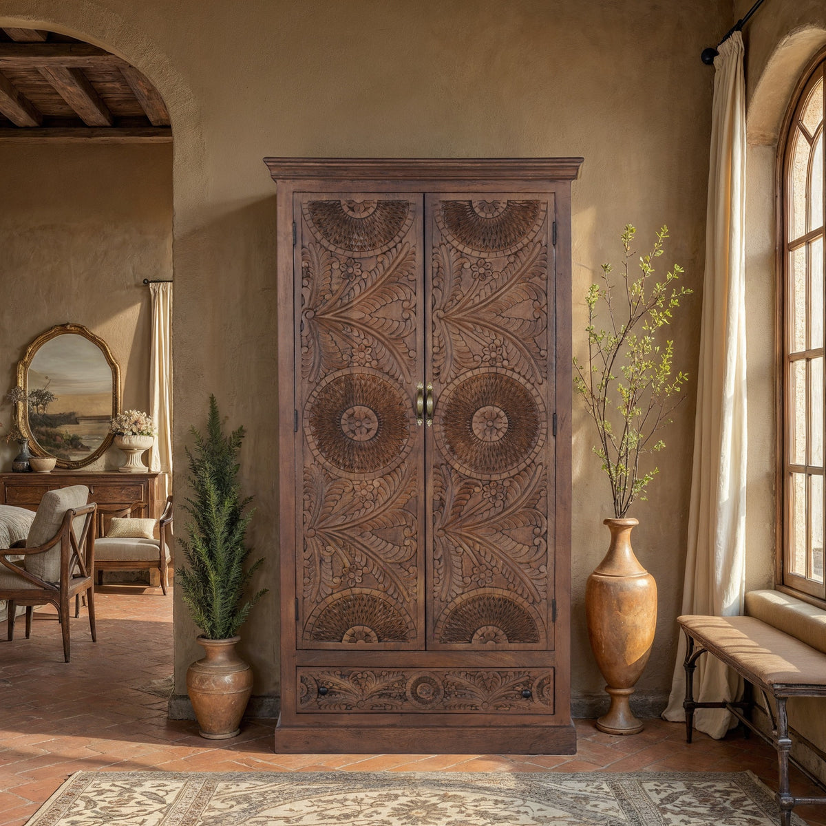 Sienna hand-carved solid mango wood armoire, front view with two carved doors and drawer in warm walnut-brown finish