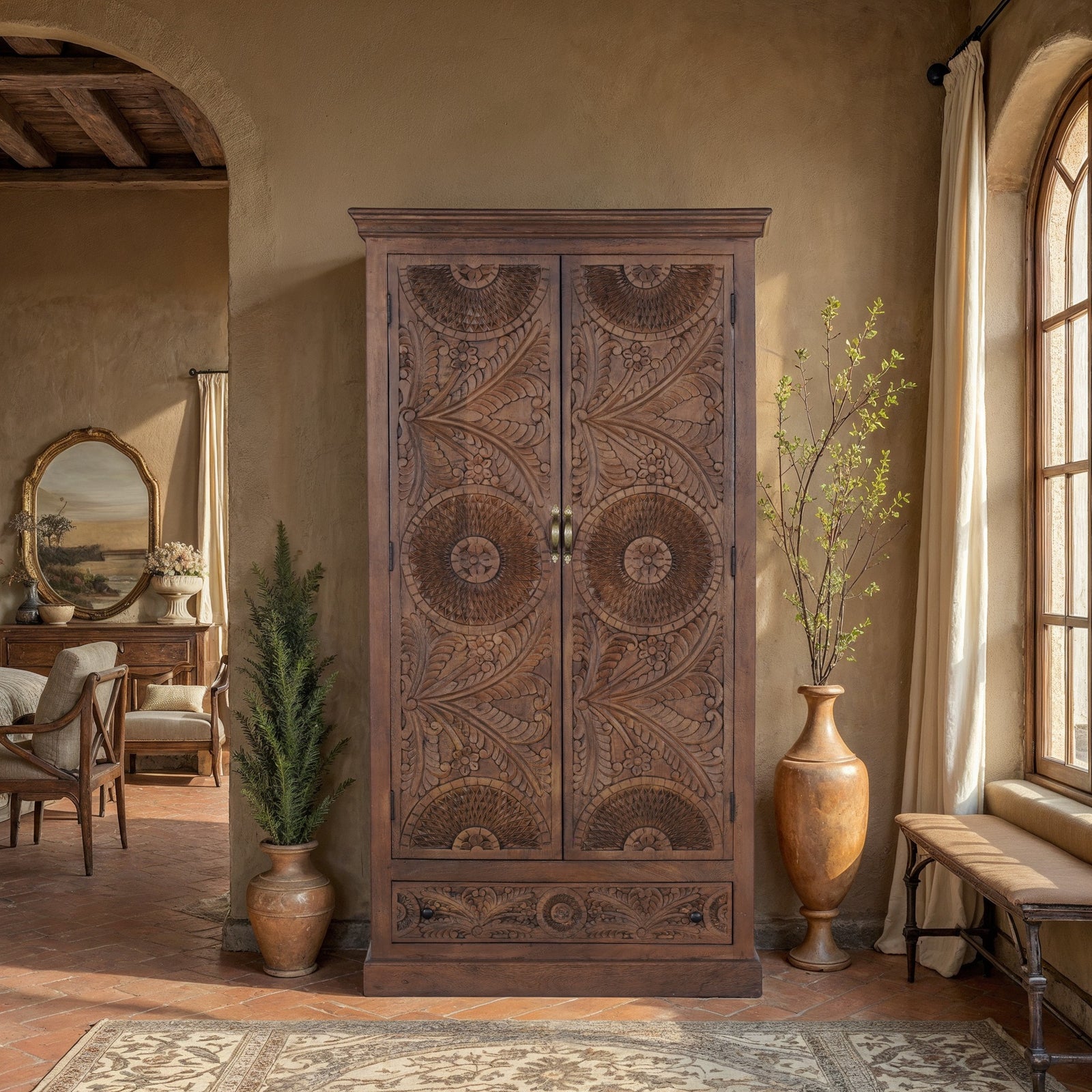Sienna hand-carved solid mango wood armoire, front view with two carved doors and drawer in warm walnut-brown finish