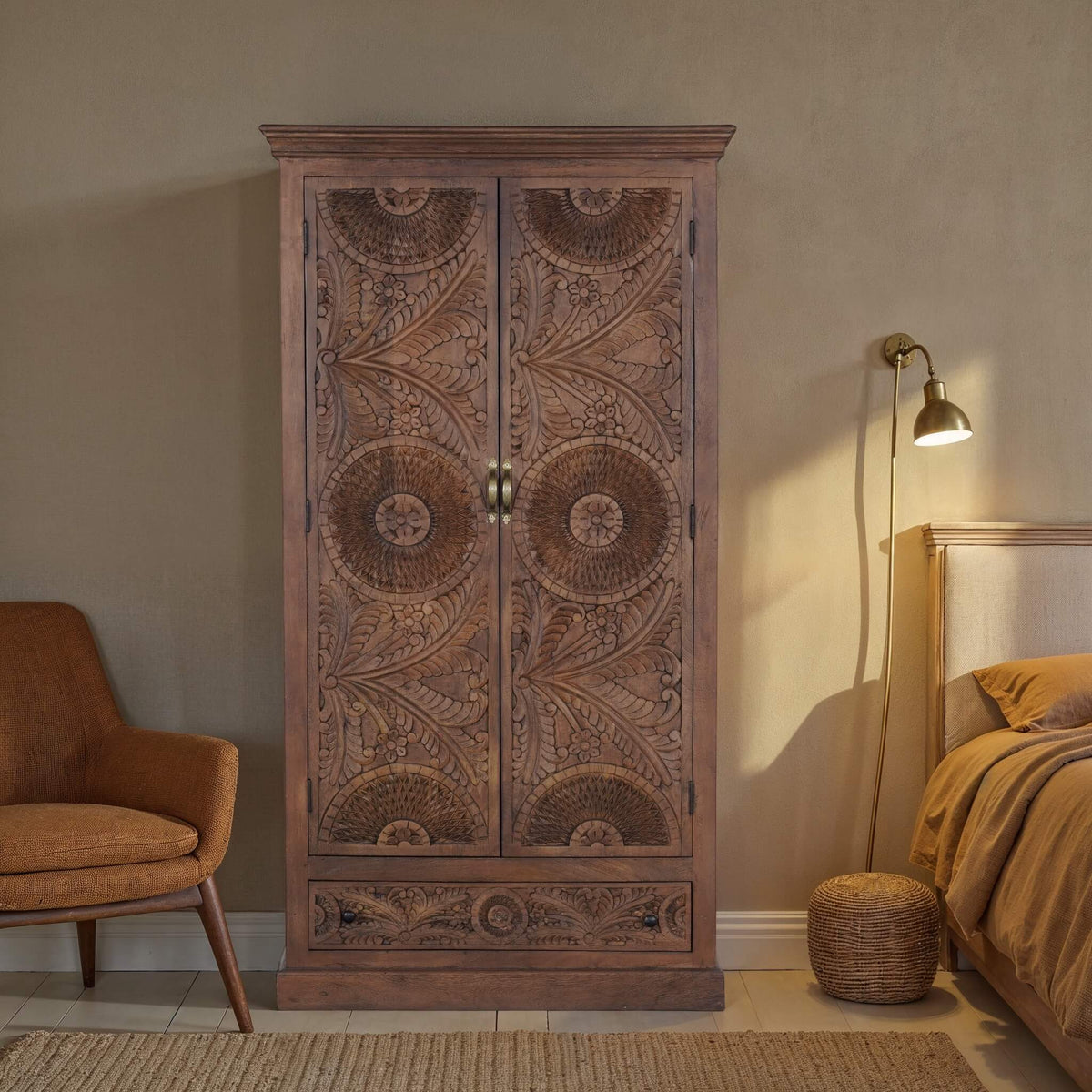Sienna hand-carved mango wood armoire, full front view in warm walnut-brown finish