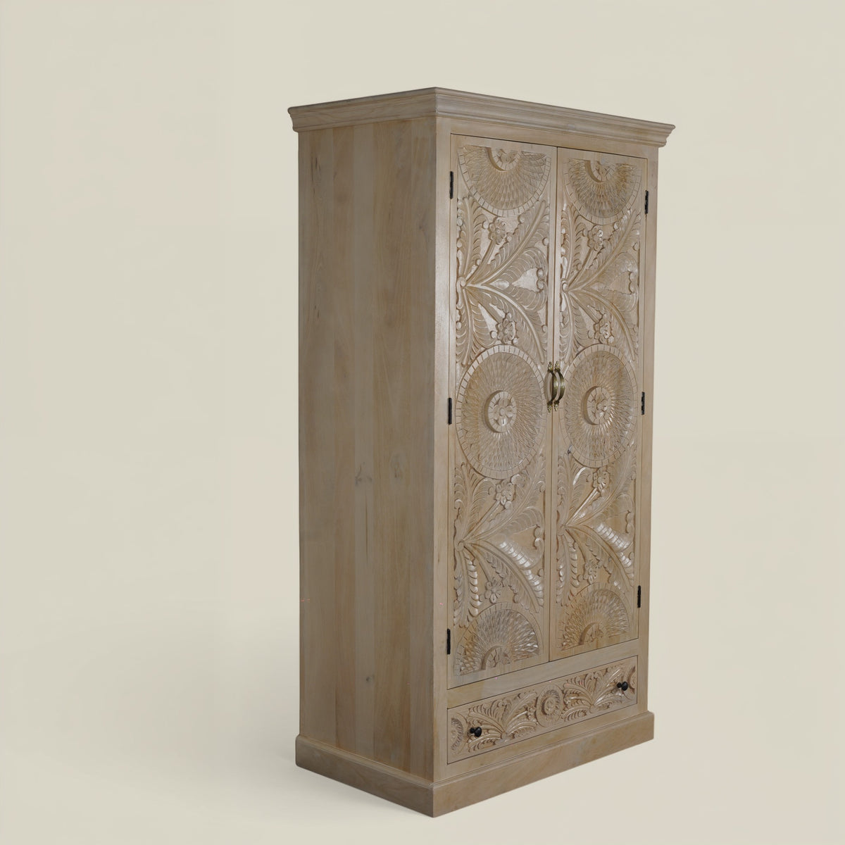 Birch hand-carved mango wood armoire, studio view of carved doors