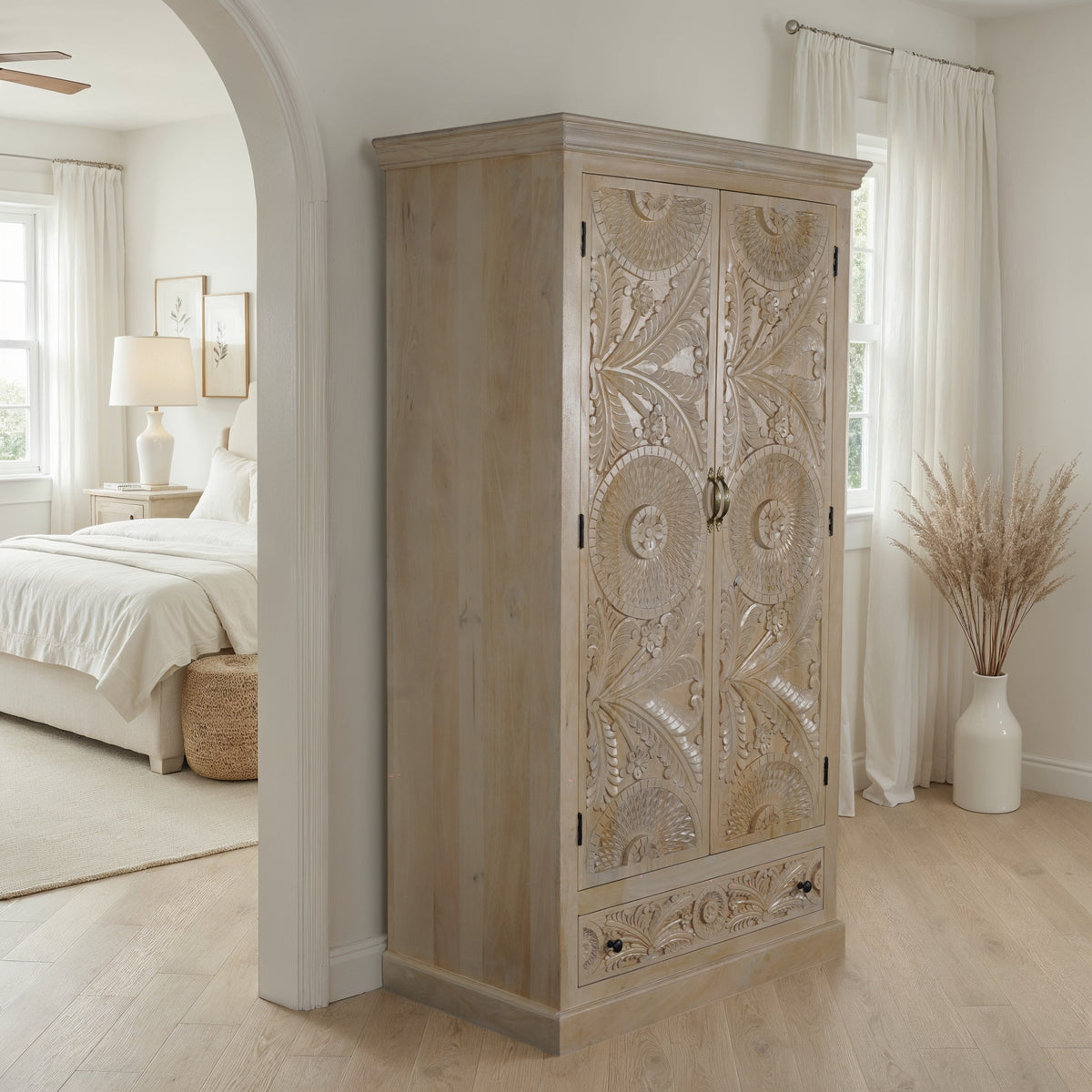 Birch hand-carved solid mango wood armoire, front view in natural beige finish