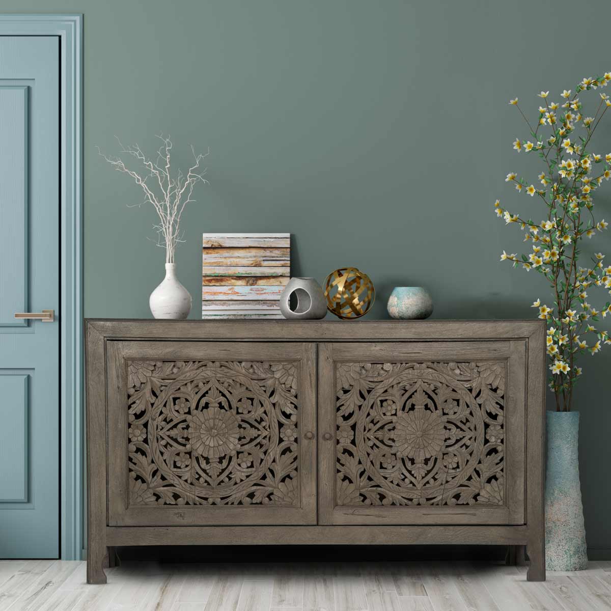 Carved Sideboard Buffet | Smoke Gray Finish