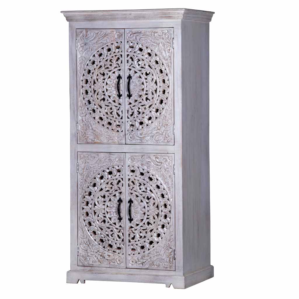 wooden white armoire with shelves