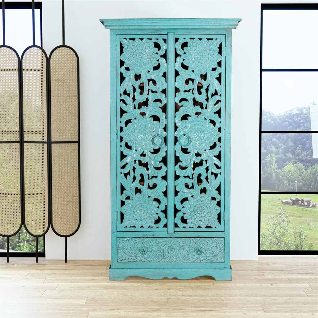 MAADZE EMERALD MINT CARVED WARDROBE